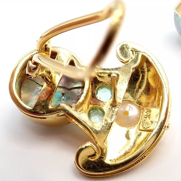 Rare! Vintage Paula Crevoshay 18k Gold Abalone Pearl Blue Gemstone Earrings OOAK - Picture 5 of 15